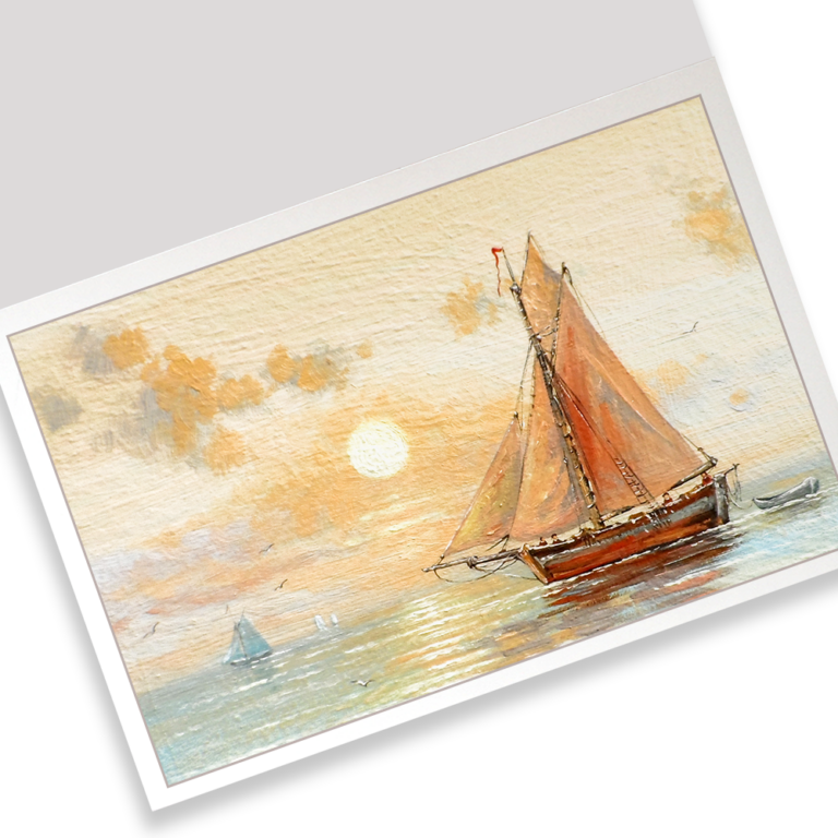 Painting of a sailboat on water with a sunset background