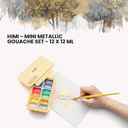 HIMI - Mini Metallic Gouache Paints |12 ml Jelly Cups x 12 Colours |Yellow Case