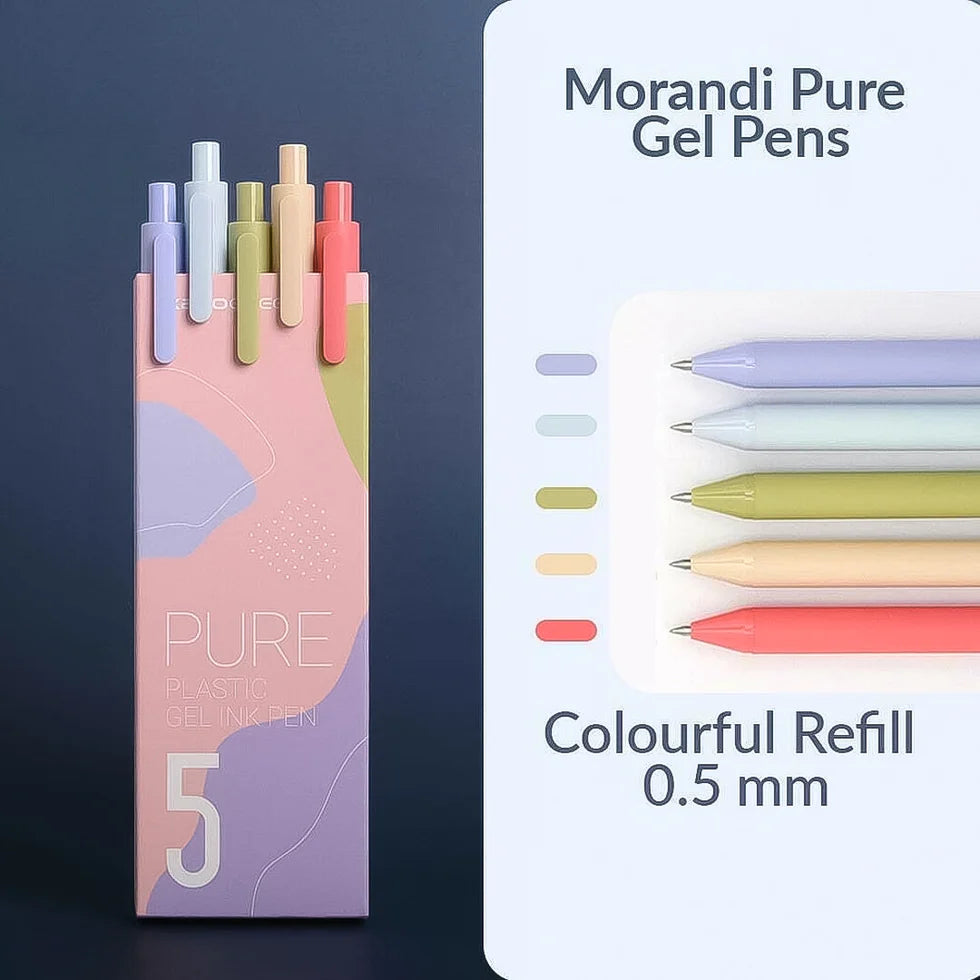 Morandi Pure Gel Pens set with packaging and color swatches on a dark background