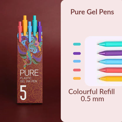 Pack of Pure gel pens with colorful refills on a brown background