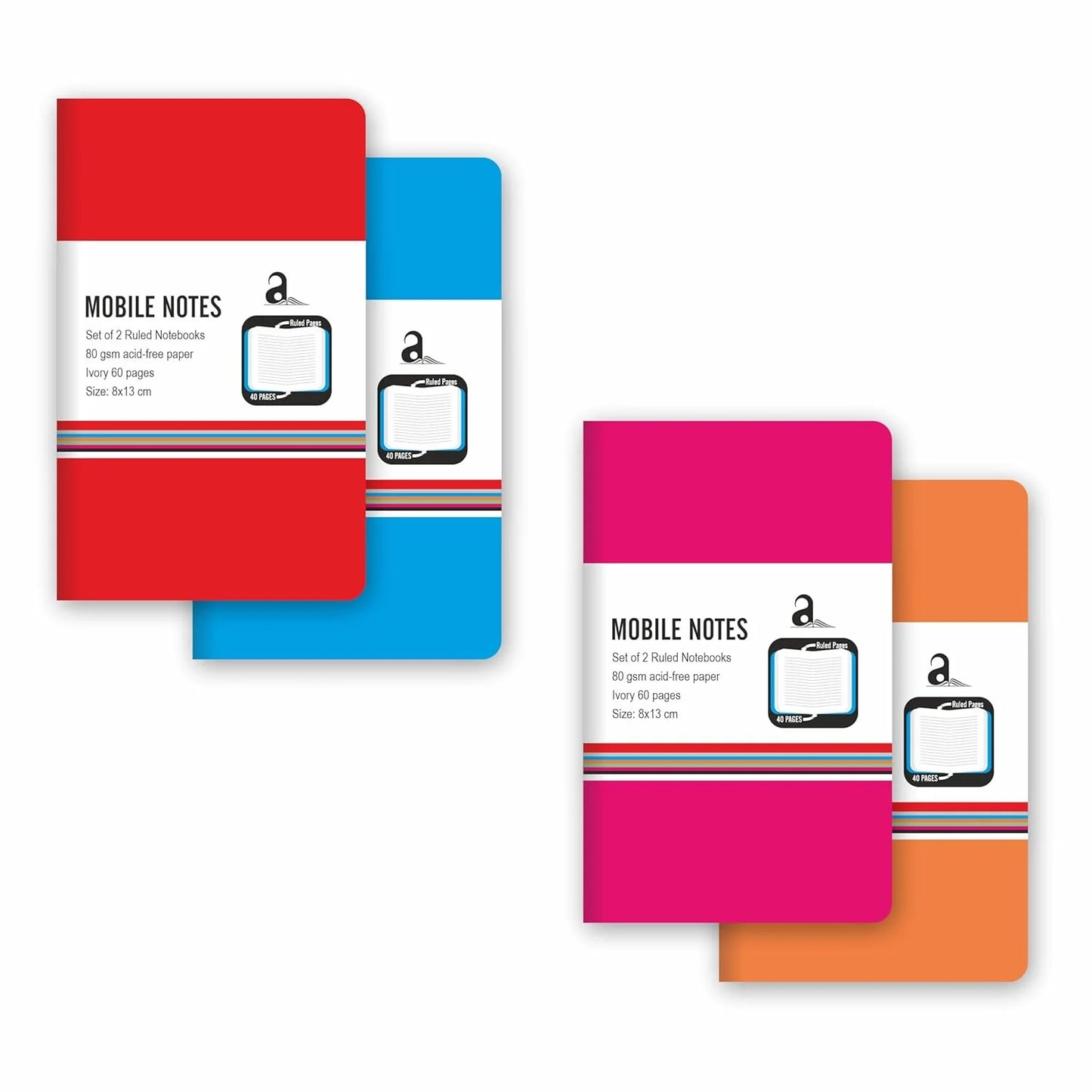 Set of colorful notebooks with 'MOBILE NOTES' labels on a white background