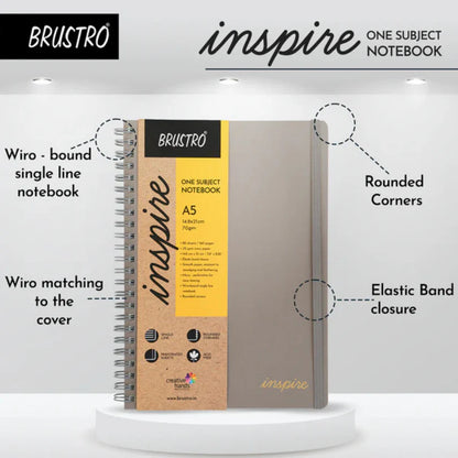 Brustro 'inspire' one subject notebook with features highlighted on a white background