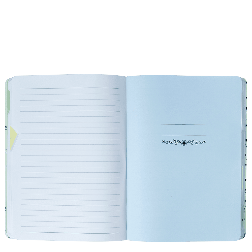 Open notebook with light blue cover and lined pages on a white background