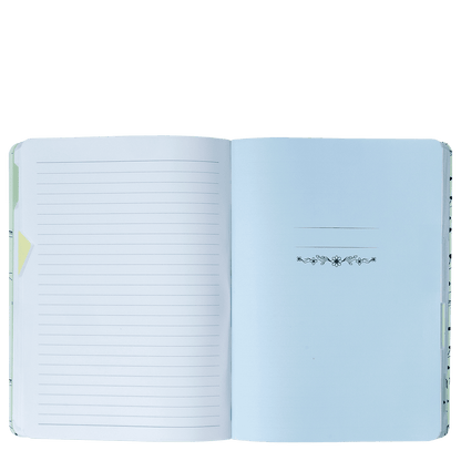 Open notebook with light blue cover and lined pages on a white background