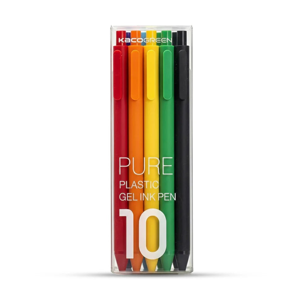 Pack of 10 Kaco Green gel ink pens in red, orange, yellow, green, and black on a white background.