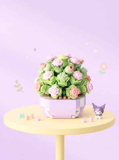 Decorative flower pot with colorful flowers on a small round table against a light purple background