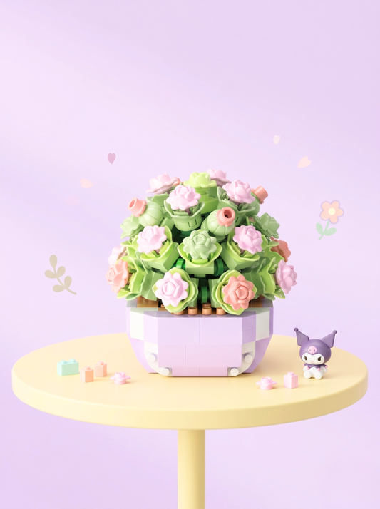 Decorative flower pot with colorful flowers on a small round table against a light purple background