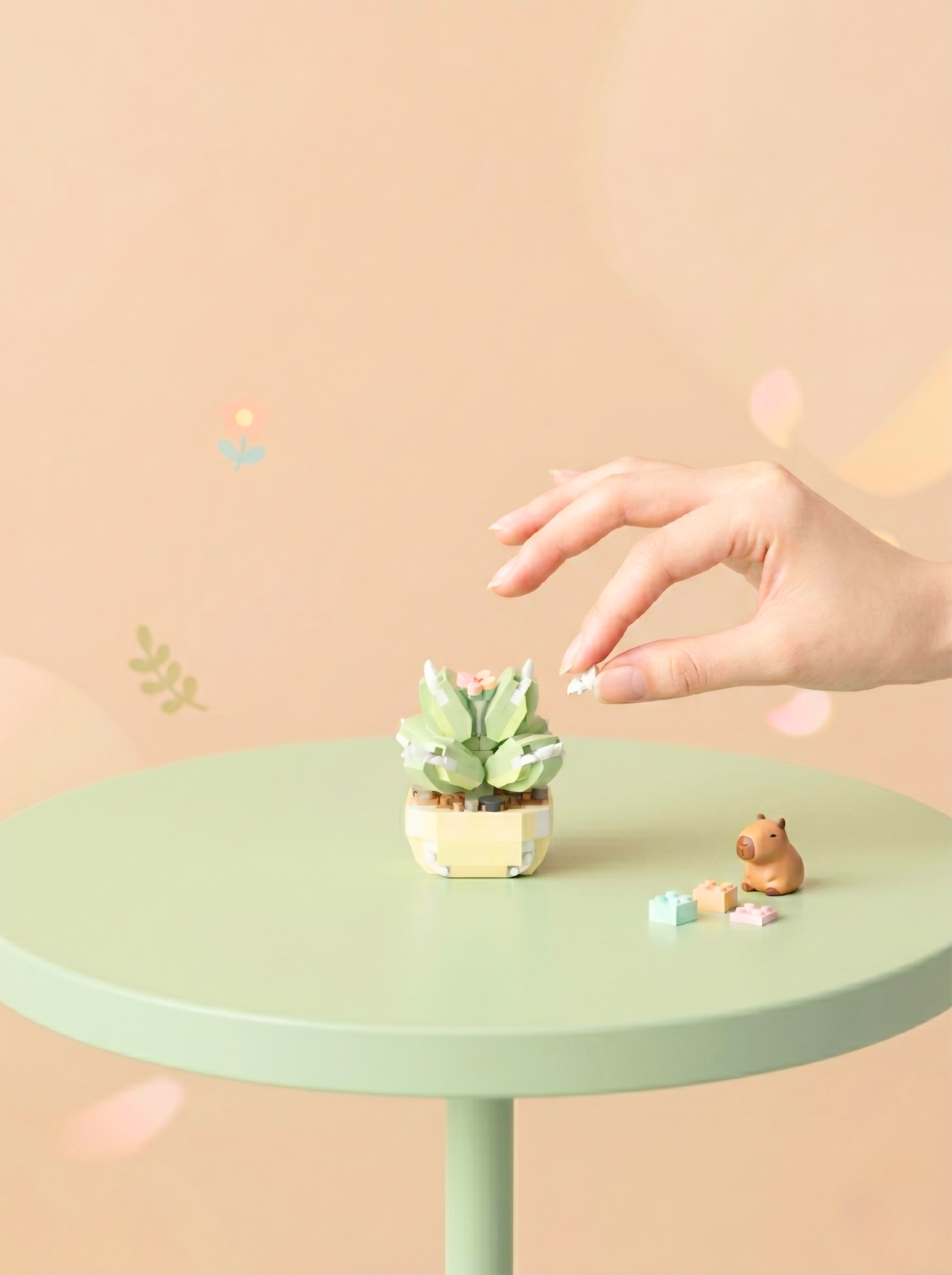 Small potted succulent on a round green table with a hand reaching towards it against a beige background