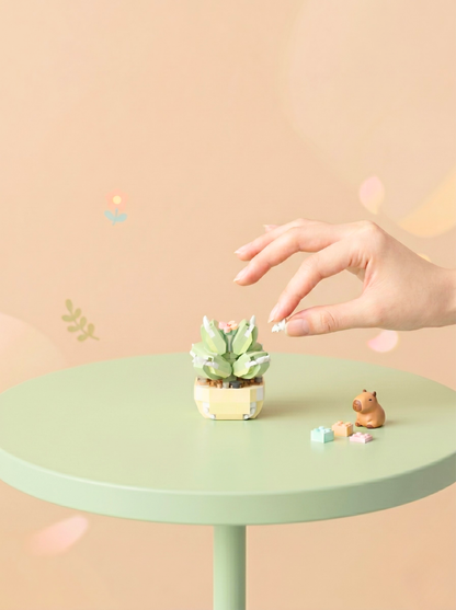 Small potted succulent on a round green table with a hand reaching towards it against a beige background