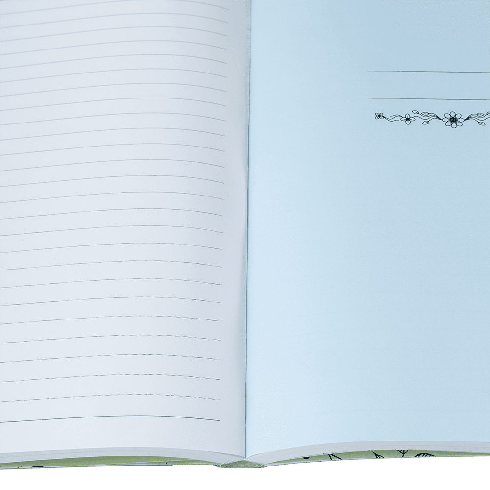 Open notebook with lined pages on a light blue background
