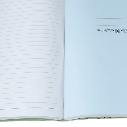 Open notebook with lined pages on a light blue background