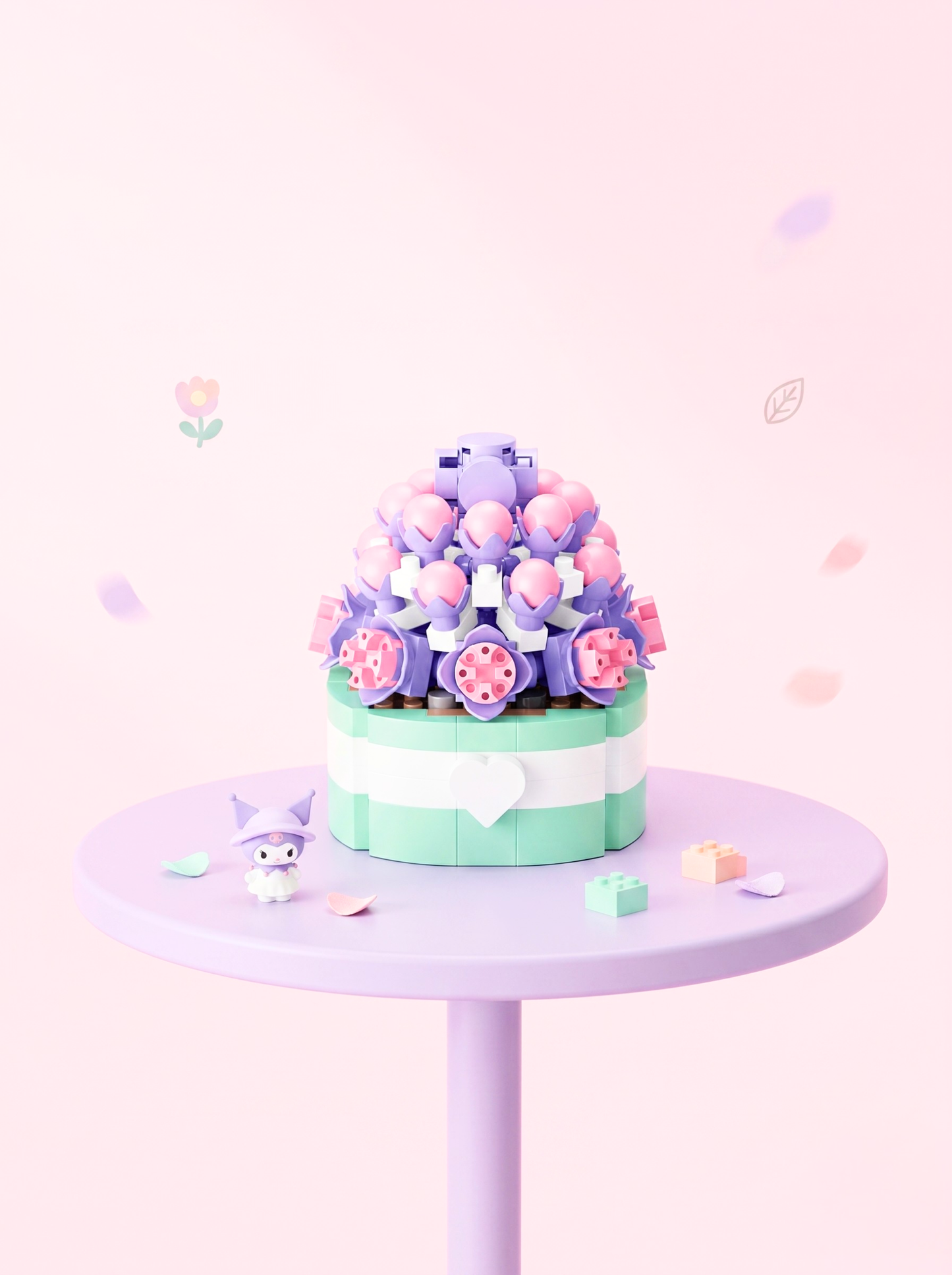 Pastel-colored cake with decorative elements on a small round table against a light pink background.