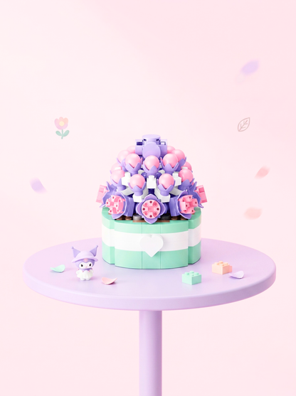 Pastel-colored cake with decorative elements on a small round table against a light pink background.