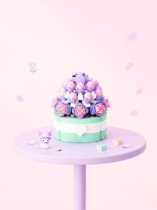 Pastel-colored cake with decorative elements on a small round table against a light pink background.