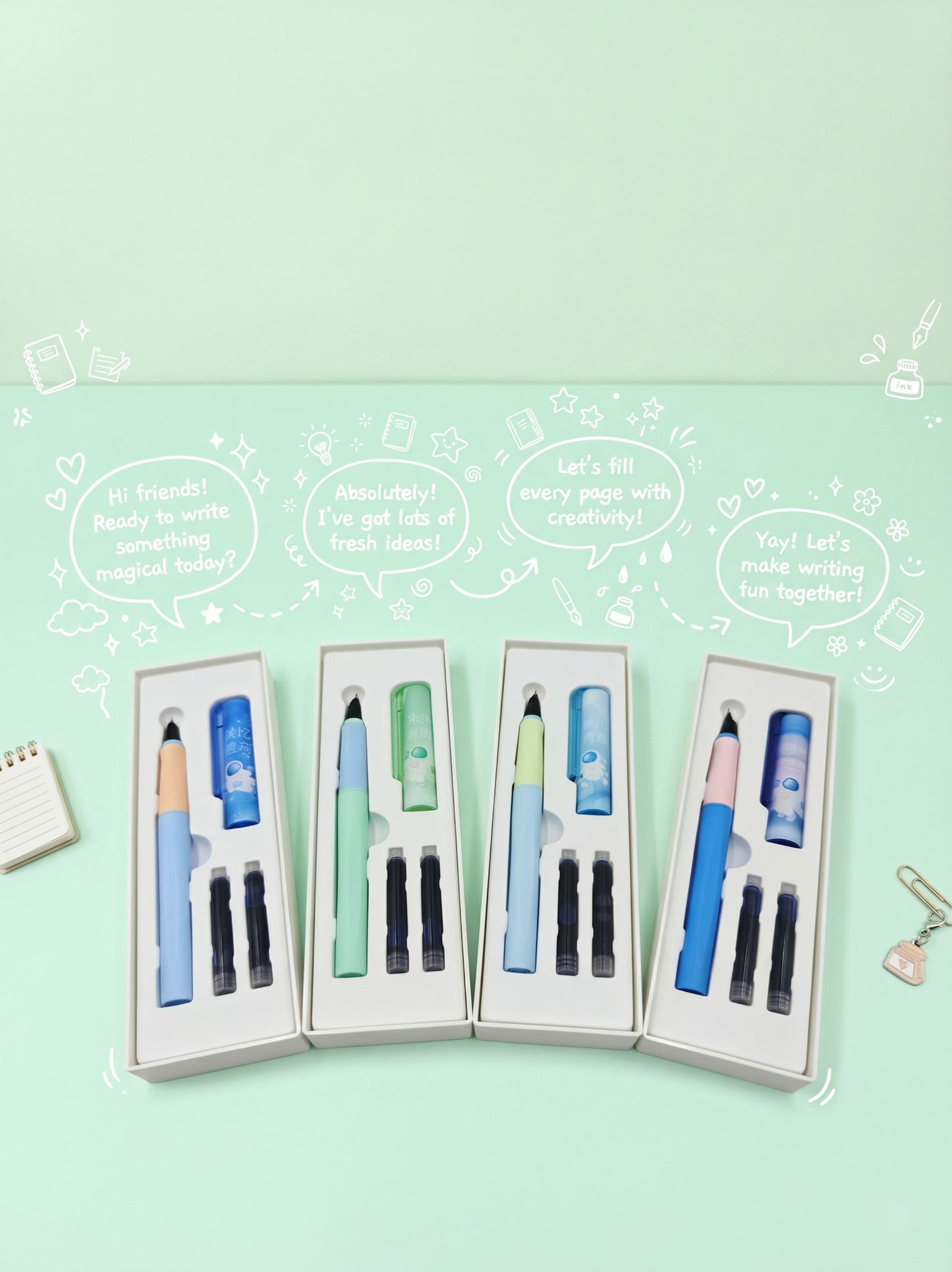 Set of stationery items including pens and markers in packaging on a light green background