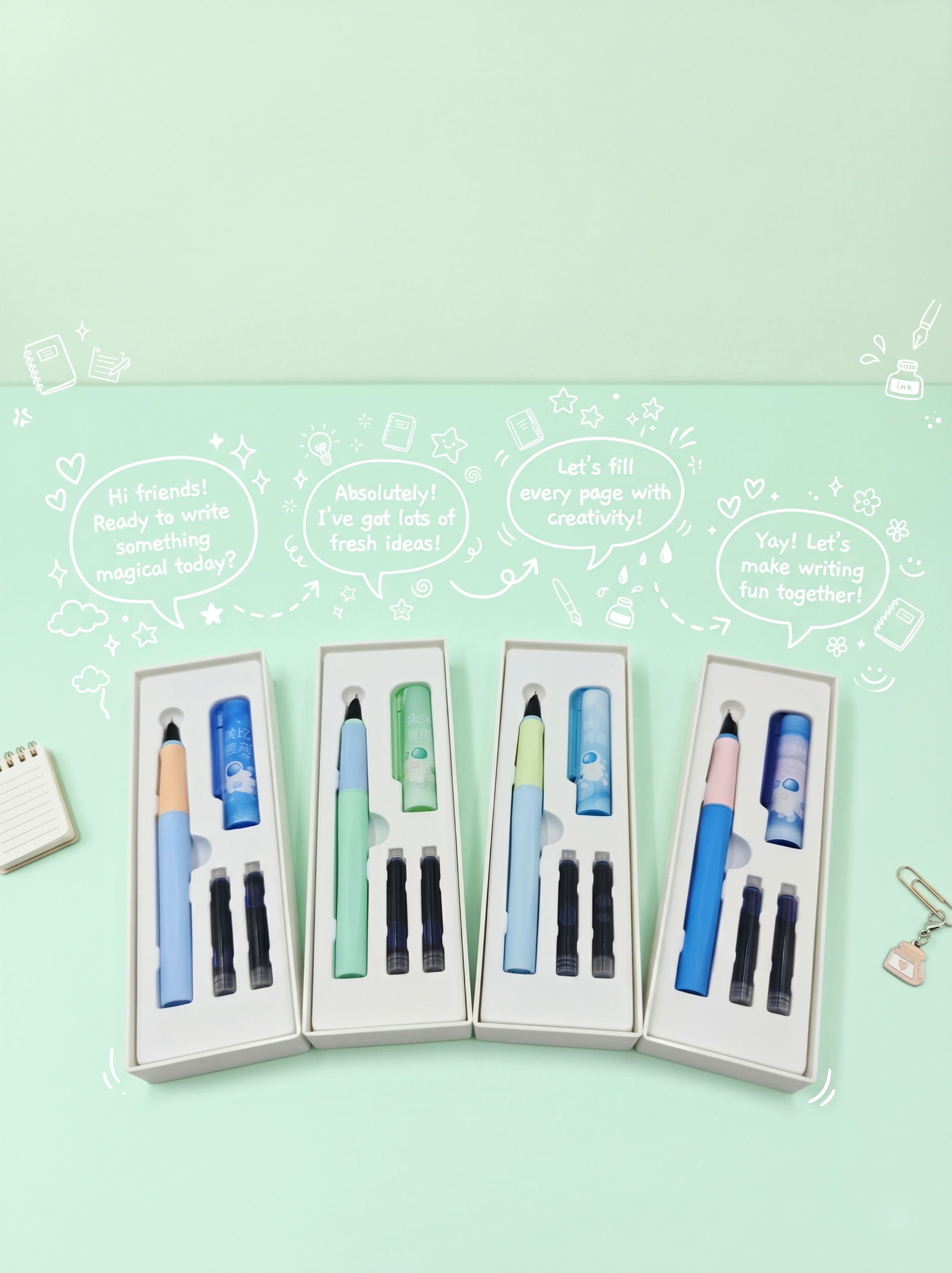 Set of stationery items including pens and markers in packaging on a light green background