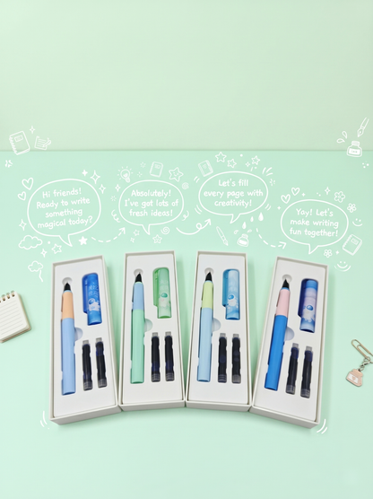 Set of stationery items including pens and markers in packaging on a light green background