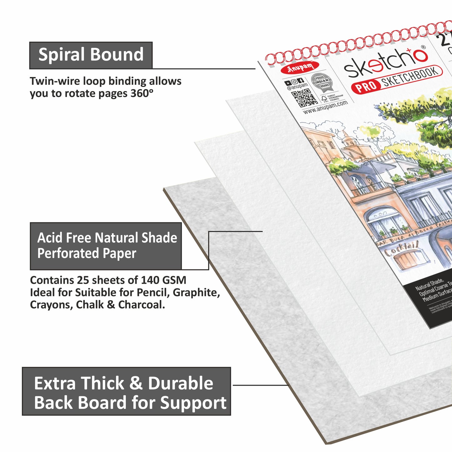 Art supply with features highlighted, including spiral binding, acid-free paper, and backboard support.