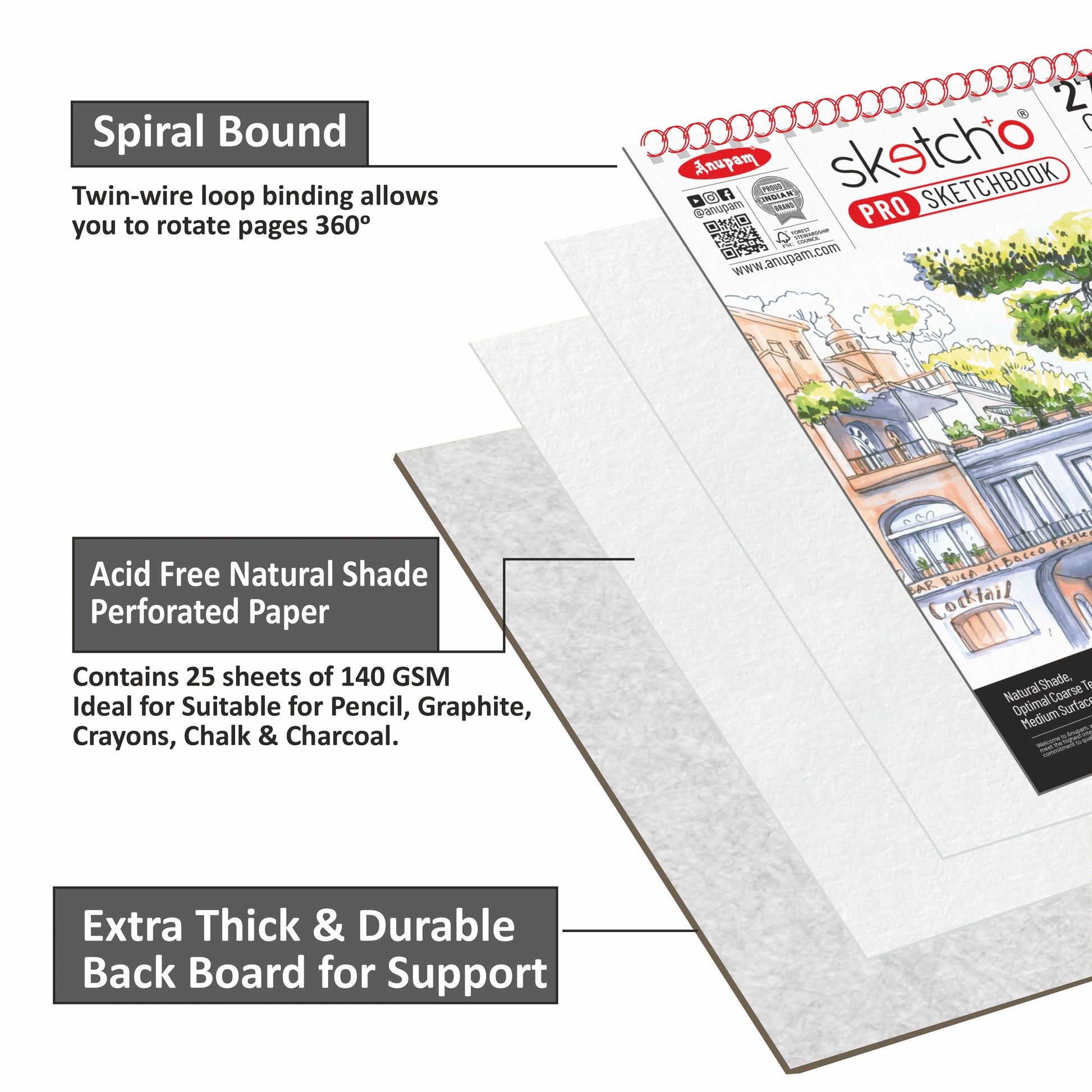 Art supply with features highlighted, including spiral binding, acid-free paper, and backboard support.