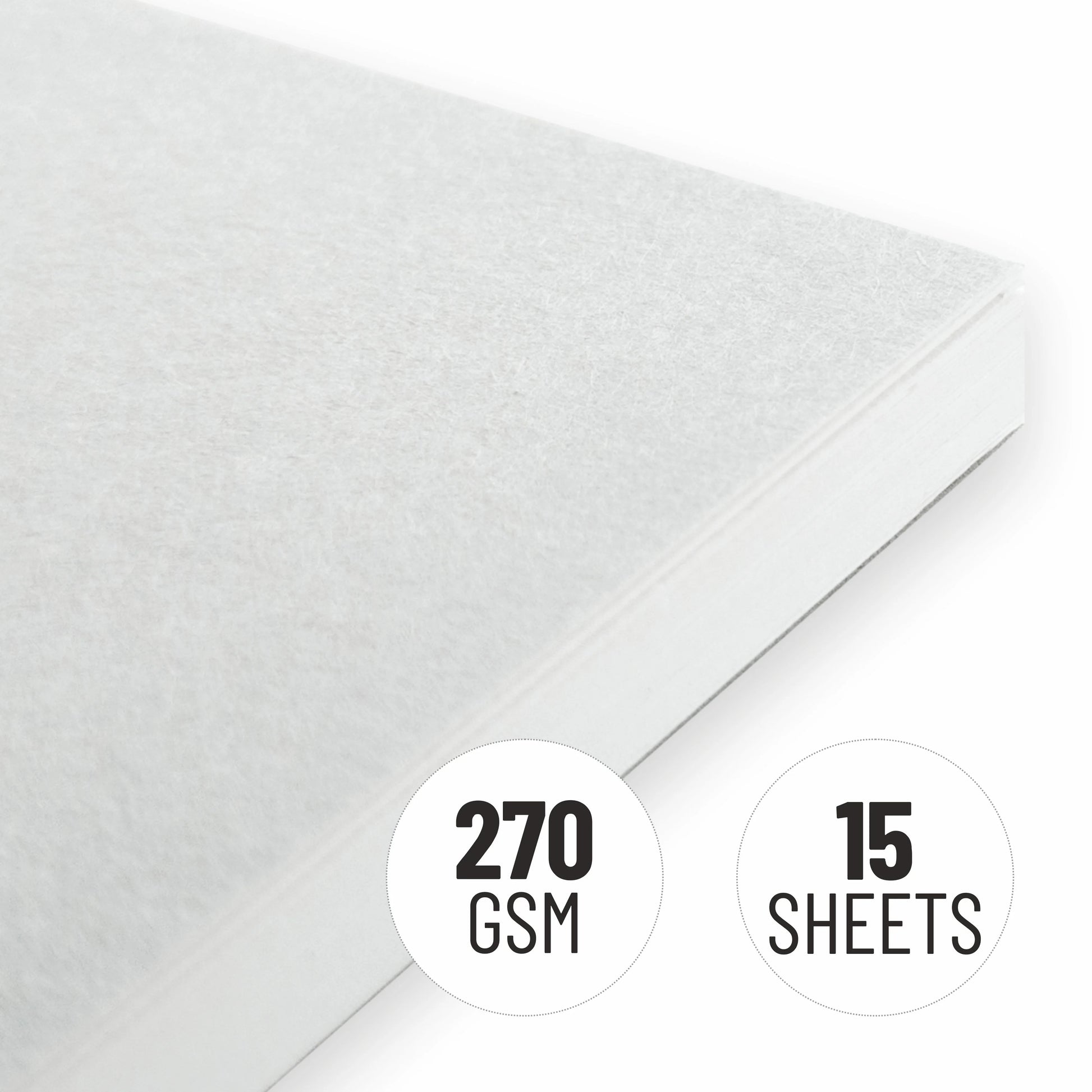 White paper with '270 GSM' and '15 Sheets' text on a white background