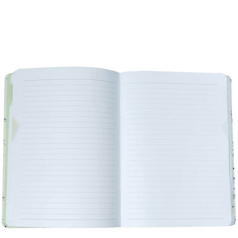 Open notebook with lined pages on a white background