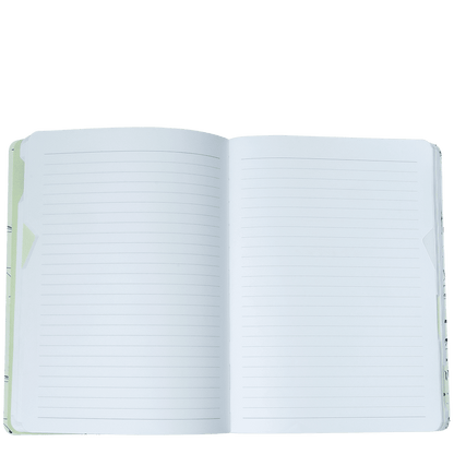 Open notebook with lined pages on a white background