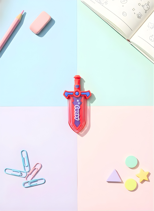 Colorful toy sword with 'Acer' branding on a pastel background with stationery items.