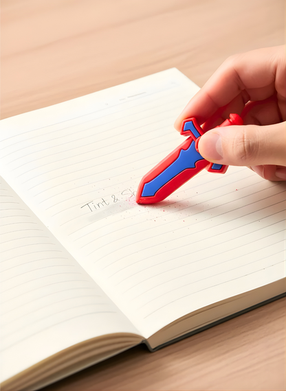 Hand holding a red and blue sword-shaped object over an open book on a wooden surface