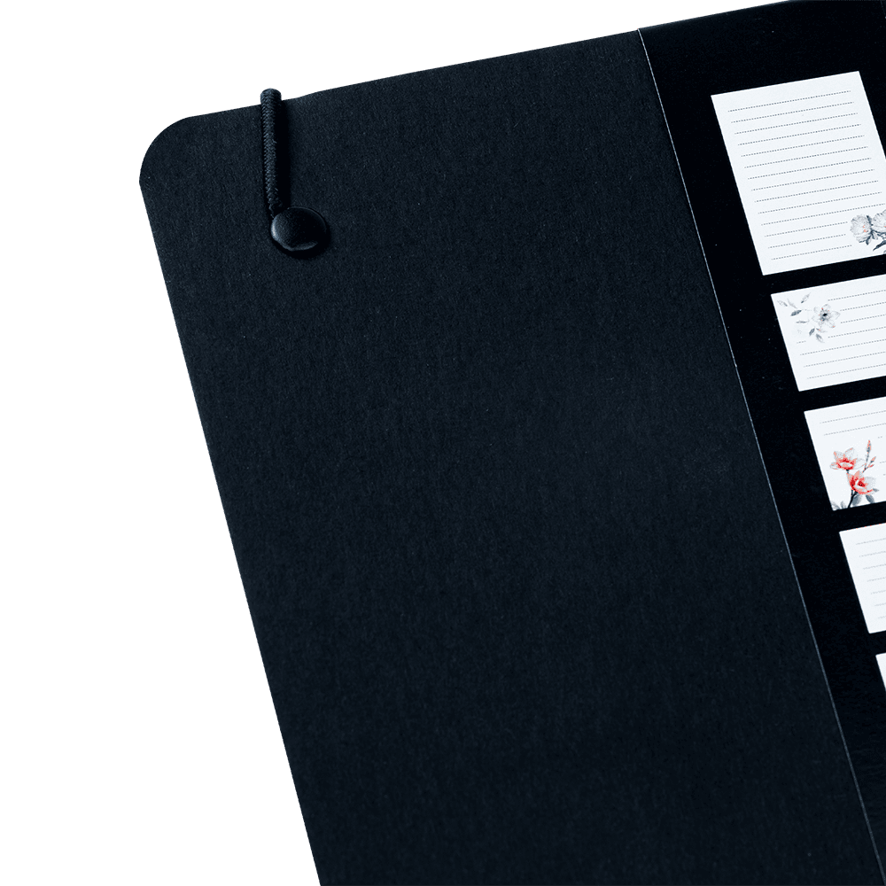 Black tablet case with a strap and screen displaying notes on a green background