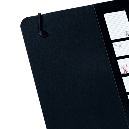 Black tablet case with a strap and screen displaying notes on a green background