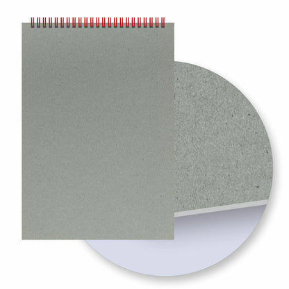 Gray textured notebook with red wire binding on a white background