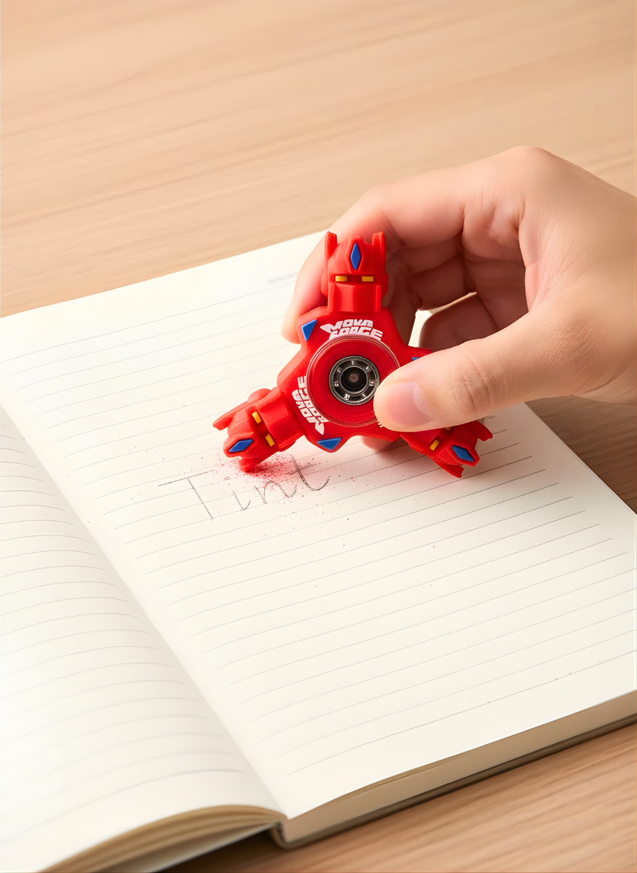 Hand holding a red fidget spinner toy over an open notebook on a wooden surface