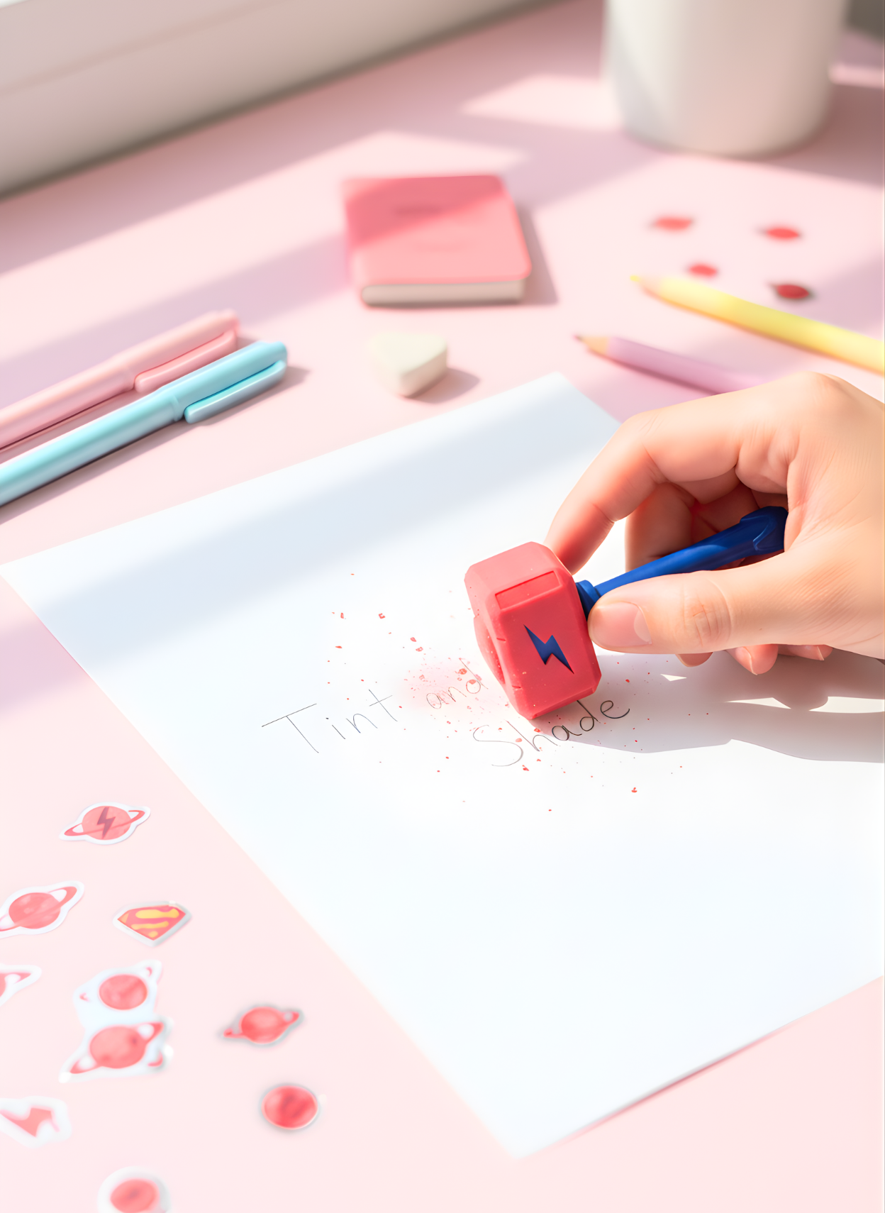 Child's hand using a red stamp on a piece of paper with a pink stationery set in the background.