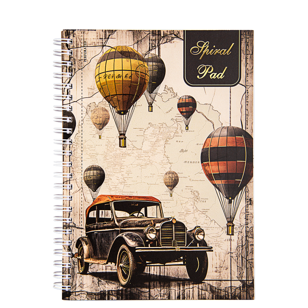 Notebook with vintage car and hot air balloons design on the cover