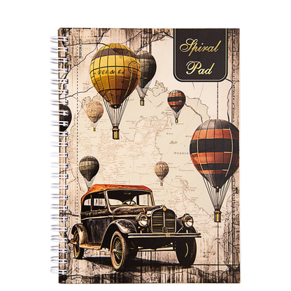 Notebook with vintage car and hot air balloons design on the cover