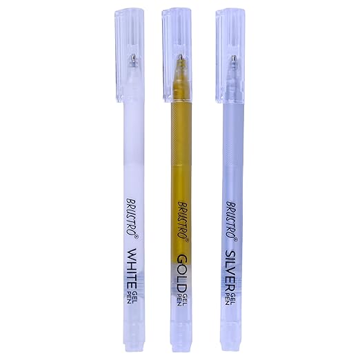Three gel pens labeled 'White', 'Gold', and 'Silver' on a white background.