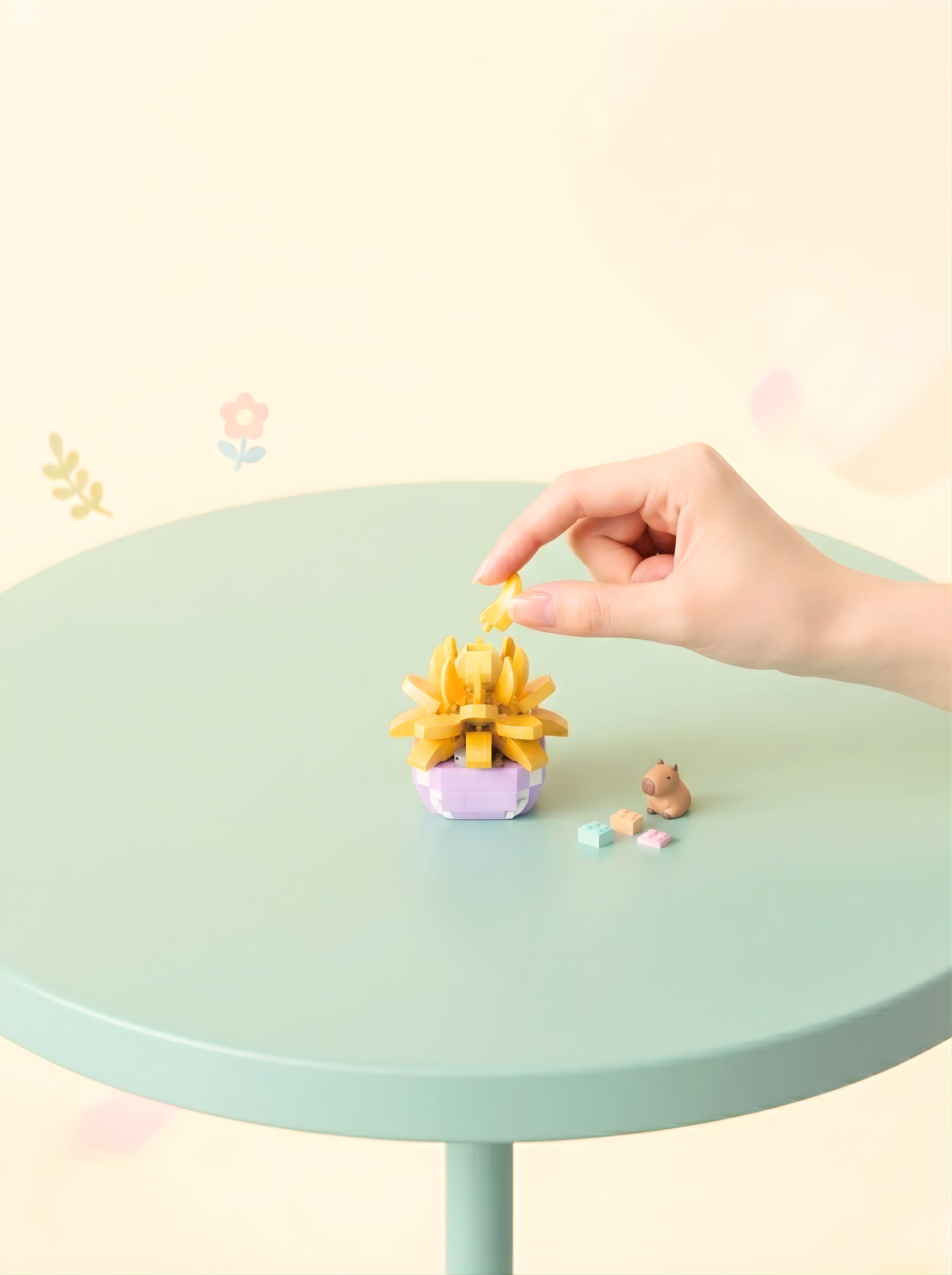 Hand placing a small sunflower figurine on a round green table.