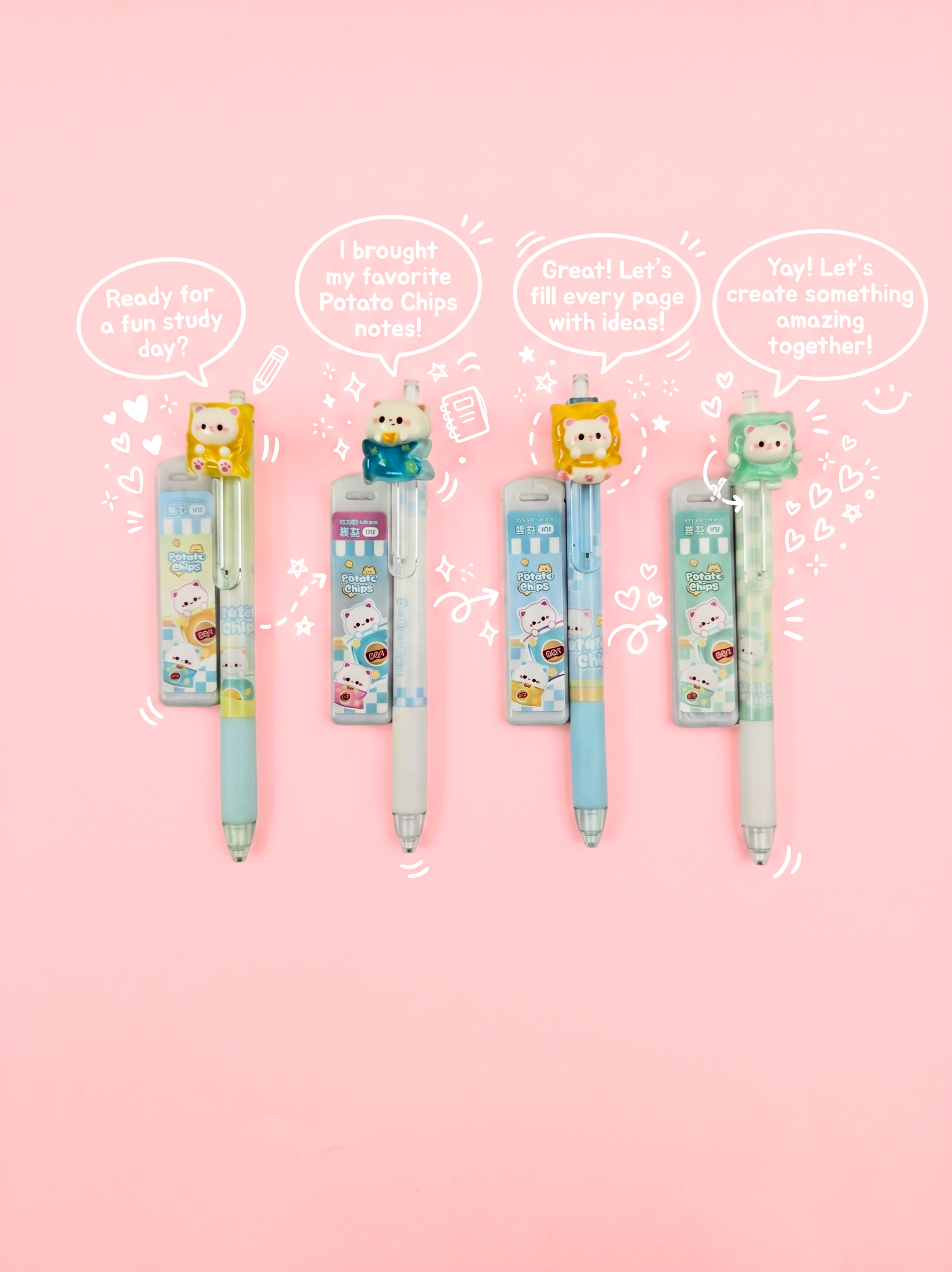 Set of cartoon-themed pens on a pink background with text bubbles.