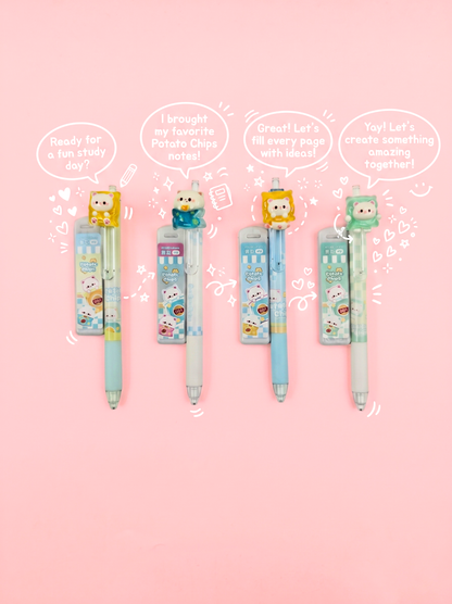 Set of cartoon-themed pens on a pink background with text bubbles.