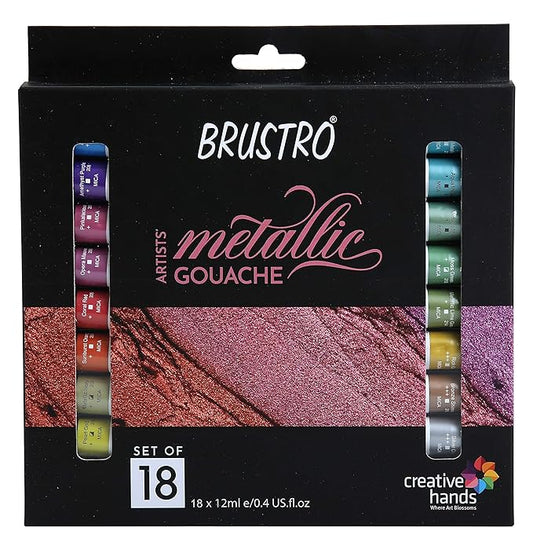 Brustro Artists Metallic Gouache set packaging with color swatches on a black background