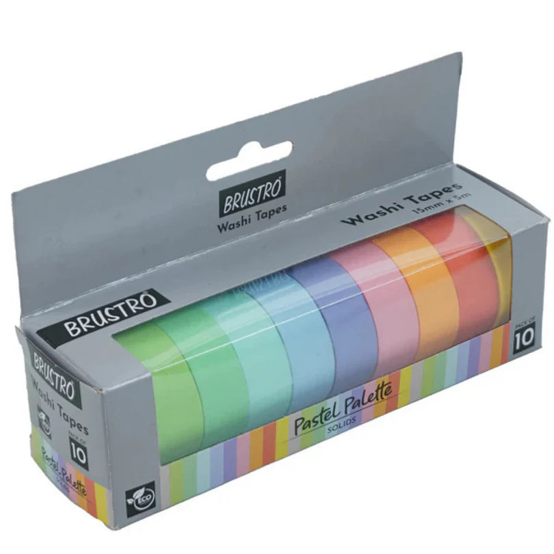 Pack of Brustro washi tapes in pastel colors with a gray box on a white background