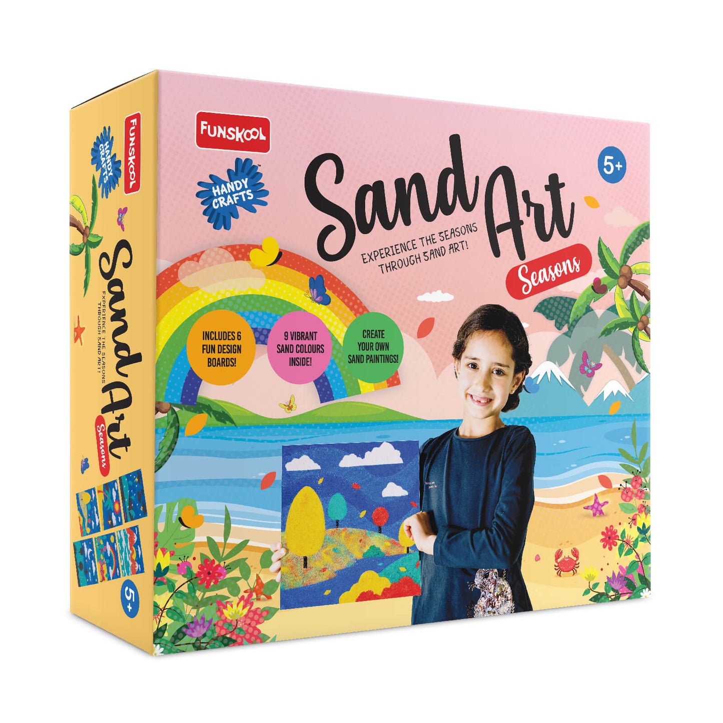 Funkskool Sand Art Seasons kit packaging with colorful illustrations and a child on a beach.