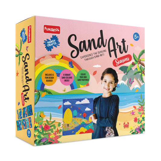 Funkskool Sand Art Seasons kit packaging with colorful illustrations and a child on a beach.