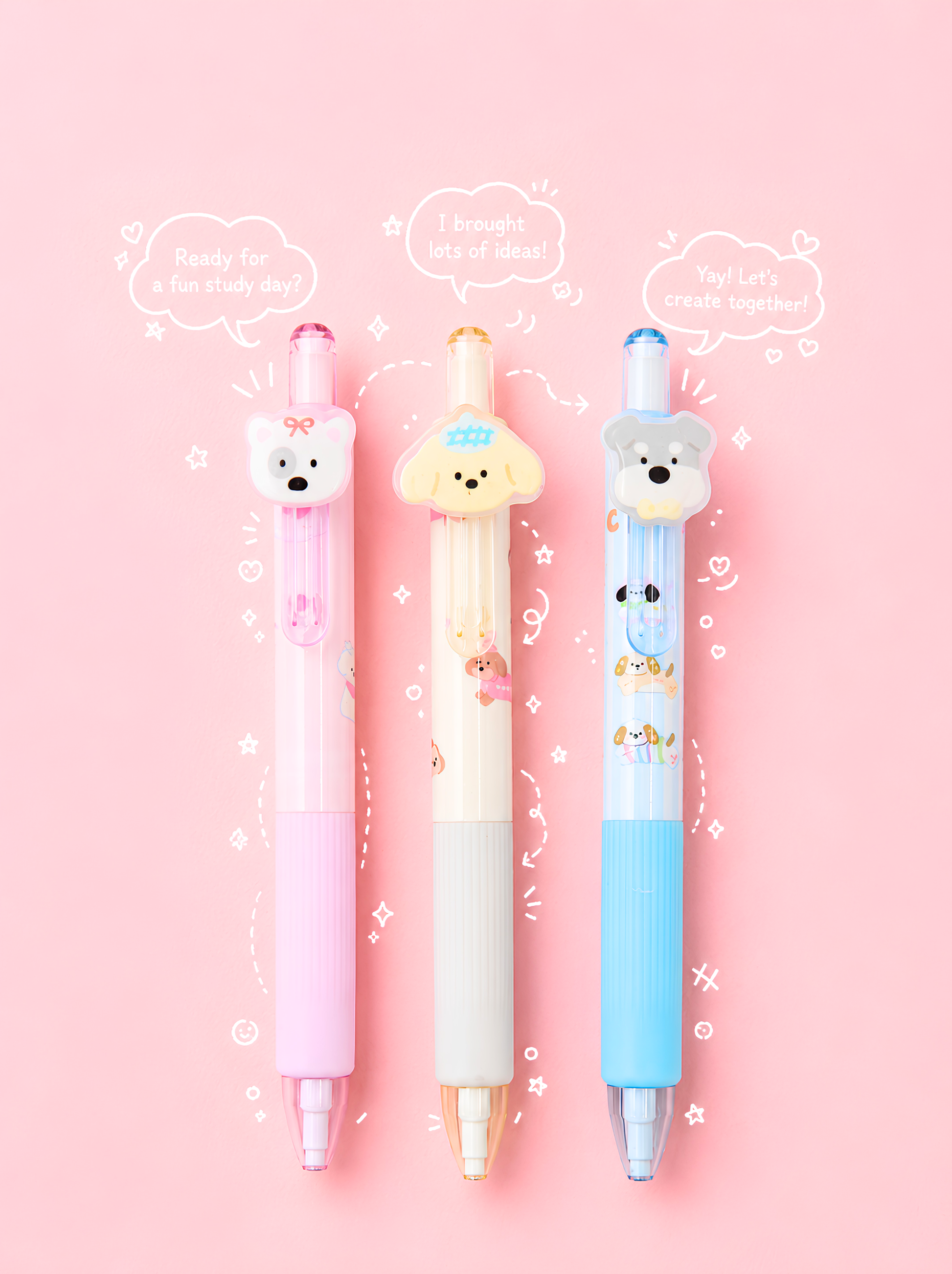 Three cartoon bear-shaped pens on a pink background with speech bubbles.