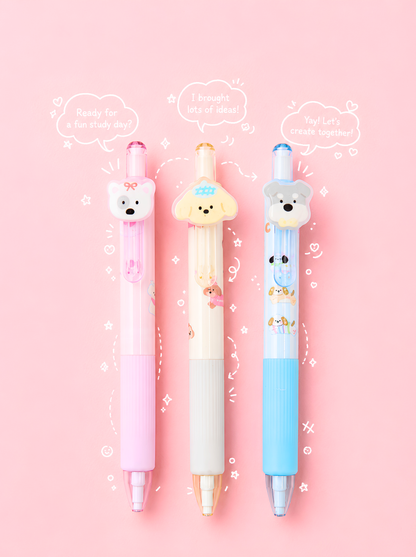 Three cartoon bear-shaped pens on a pink background with speech bubbles.