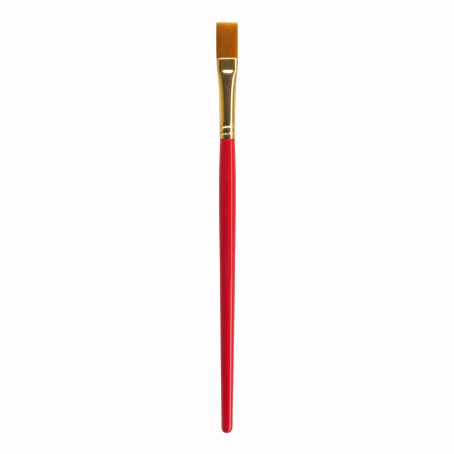 Paintbrush with a red handle and gold ferrule on a white background