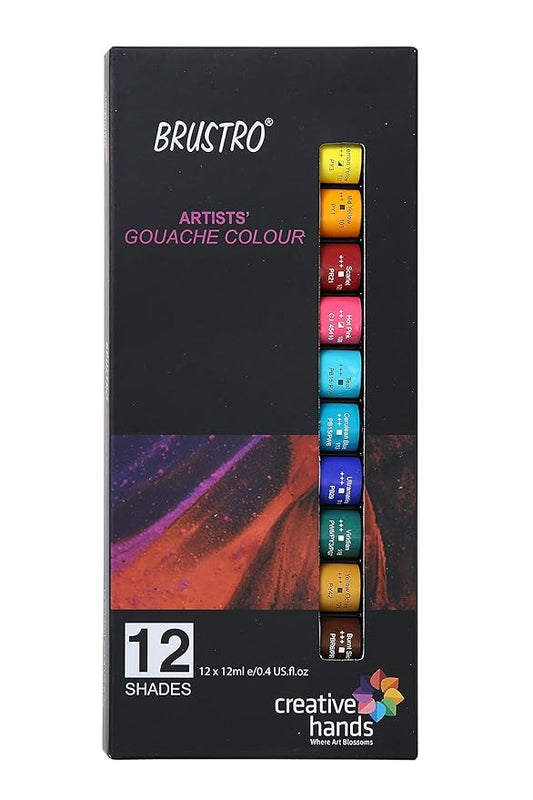 Brustro Artists' Gouache Colour set packaging with 12 shades on a black background