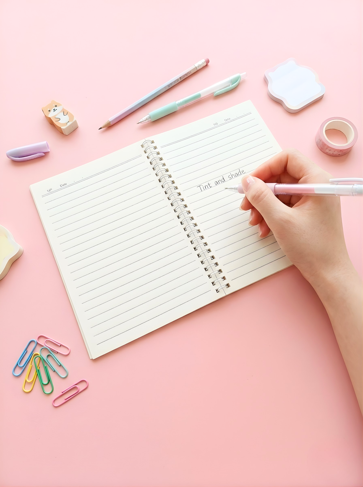 Open notebook with lined pages on a pink background with stationery items.