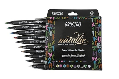 Set of 10 Brustro metallic brush pens in packaging on a white background