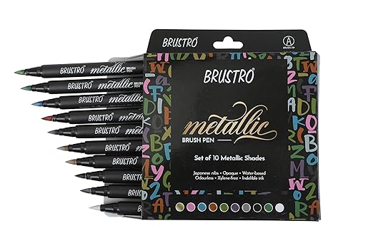 Set of 10 Brustro metallic brush pens in packaging on a white background